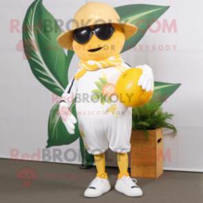 White Grapefruit mascot costume character dressed with a Rugby Shirt and Scarf clips