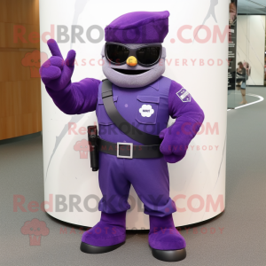 Purple Para Commando mascot costume character dressed with a Flare Jeans and Cufflinks
