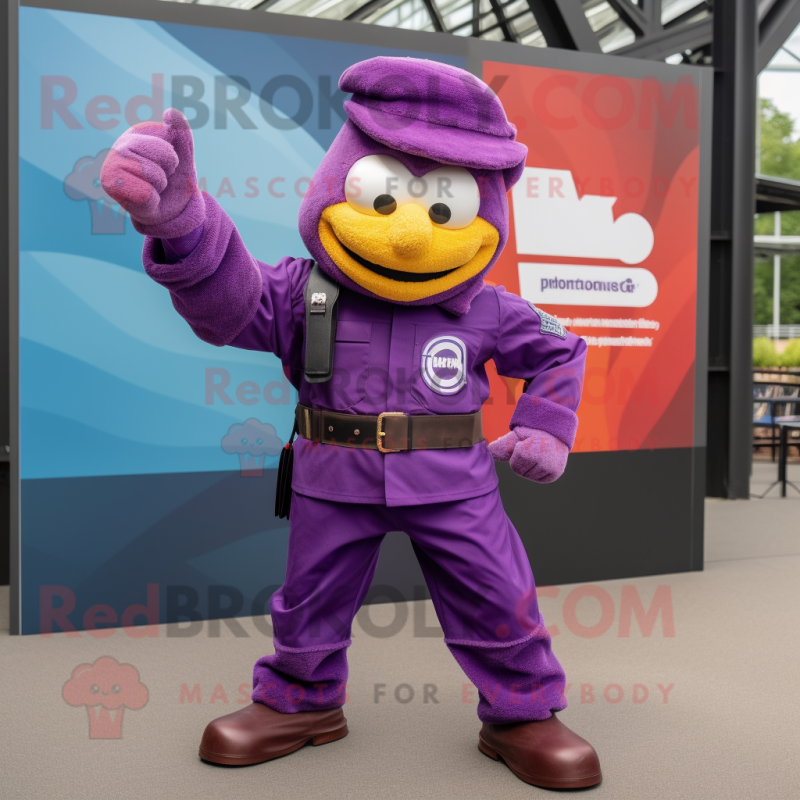 Purple Para Commando mascot costume character dressed with a Flare Jeans and Cufflinks