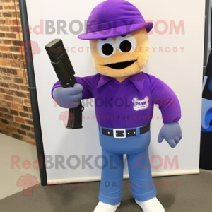 Purple Para Commando mascot costume character dressed with a Flare Jeans and Cufflinks