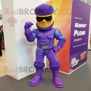 Purple Para Commando mascot costume character dressed with a Flare Jeans and Cufflinks