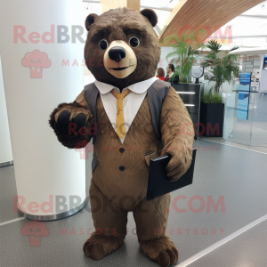 Brown Sloth Bear mascot costume character dressed with a Suit Jacket and Wallets