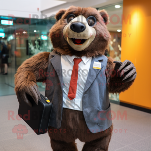 Brown Sloth Bear mascot costume character dressed with a Suit Jacket and Wallets