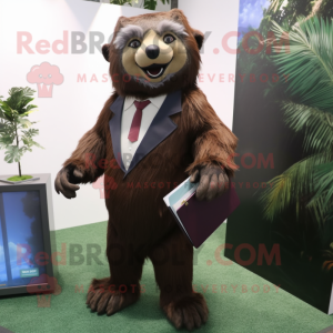 Brown Sloth Bear mascot costume character dressed with a Suit Jacket and Wallets