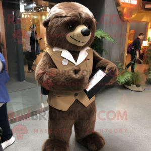 Brown Sloth Bear mascot costume character dressed with a Suit Jacket and Wallets