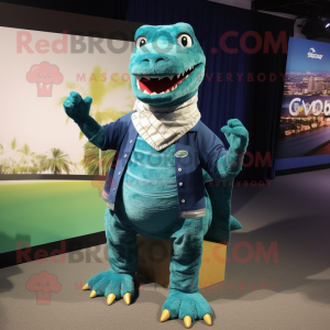 Teal Crocodile mascot costume character dressed with a Bootcut Jeans and Shawls