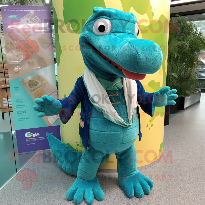 Teal Crocodile mascot costume character dressed with a Bootcut Jeans and Shawls