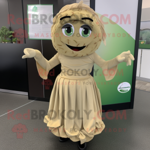 Tan Pesto Pasta mascot costume character dressed with a A-Line Skirt and Gloves
