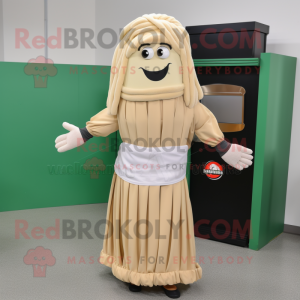 Tan Pesto Pasta mascot costume character dressed with a A-Line Skirt and Gloves