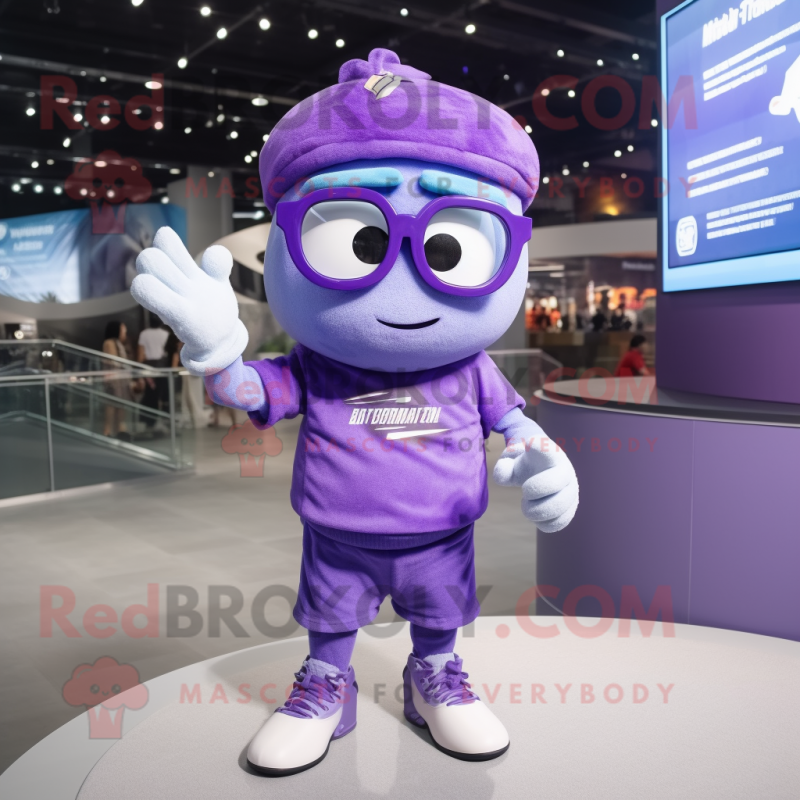 Purple Momentum mascot costume character dressed with a T-Shirt and Eyeglasses Purple Momentum mascot costume character dressed with a T-Shirt and Eyeglasses