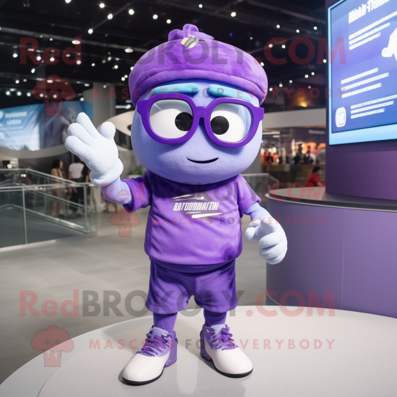 Purple Momentum mascot costume character dressed with a T-Shirt and Eyeglasses