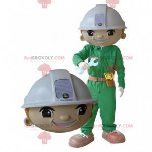 Mascote homem trabalhador com capacete e uniforme -