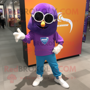 Purple Momentum mascot costume character dressed with a T-Shirt and Eyeglasses