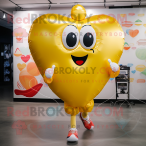 Gold Heart Shaped Balloons mascot costume character dressed with a Running Shorts and Messenger bags