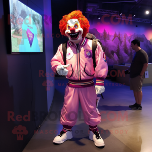 Pink Evil Clown mascot costume character dressed with a Bomber Jacket and Backpacks