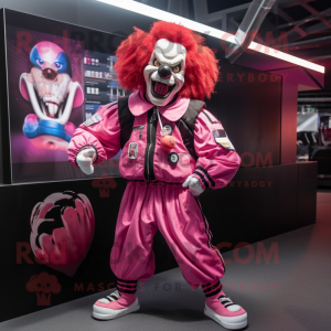 Pink Evil Clown mascot costume character dressed with a Bomber Jacket and Backpacks