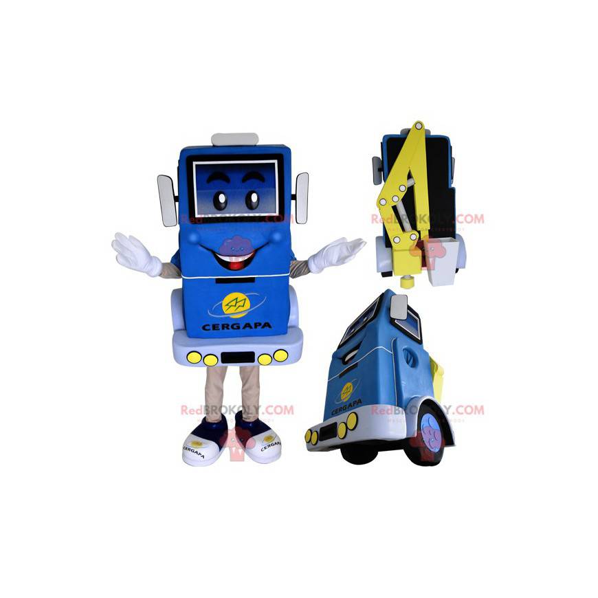 Mascotte de camion monte-charge bleu et jaune - Redbrokoly.com