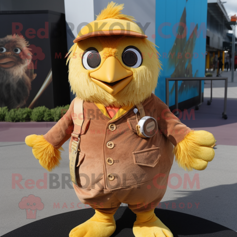 Rust Canary mascot costume character dressed with a Corduroy Pants and Keychains Rust Canary mascot costume character dressed with a Corduroy Pants and Keychains