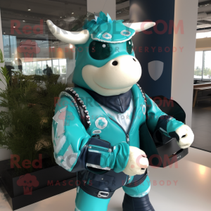 Teal Cow mascot costume character dressed with a Moto Jacket and Backpacks