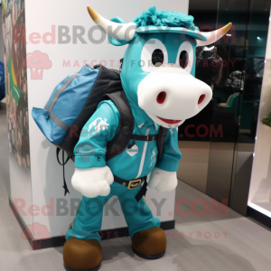 Teal Cow mascot costume character dressed with a Moto Jacket and Backpacks