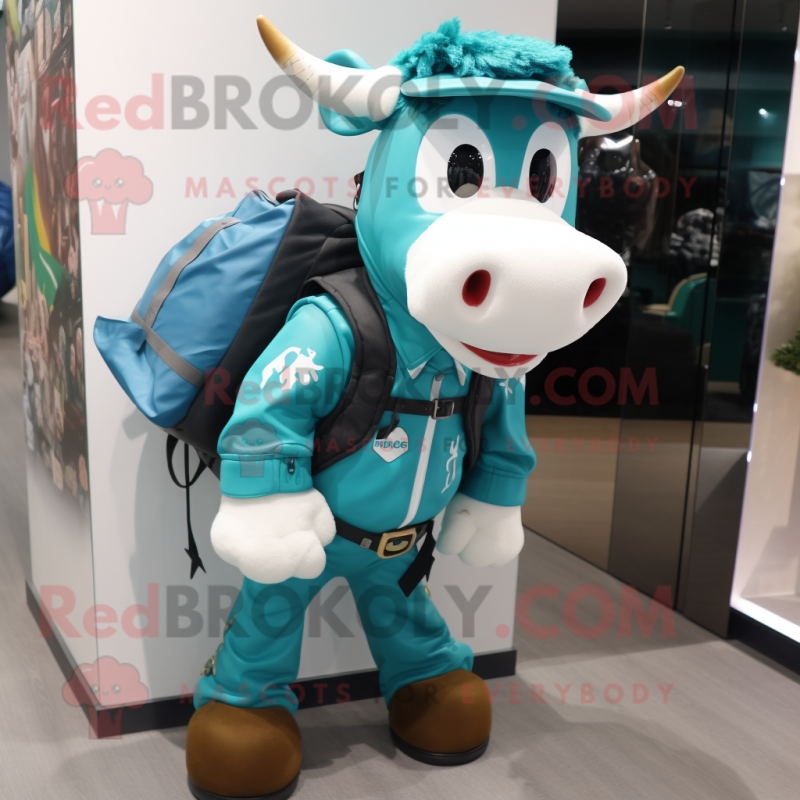 Teal Cow mascot costume character dressed with a Moto Jacket and Backpacks Teal Cow mascot costume character dressed with a Moto Jacket and Backpacks