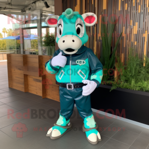 Teal Cow mascot costume character dressed with a Moto Jacket and Backpacks