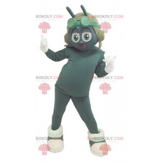 Mascotte d'insecte vert et blanc avec un casque d'aviateur -