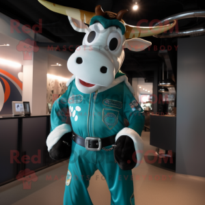Teal Cow mascot costume character dressed with a Moto Jacket and Backpacks