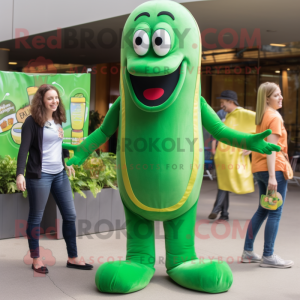 Forest Green Hot Dog mascot costume character dressed with a Jeggings and Watches