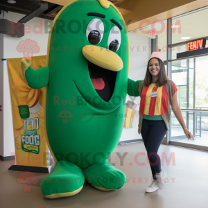 Forest Green Hot Dog mascot costume character dressed with a Jeggings and Watches