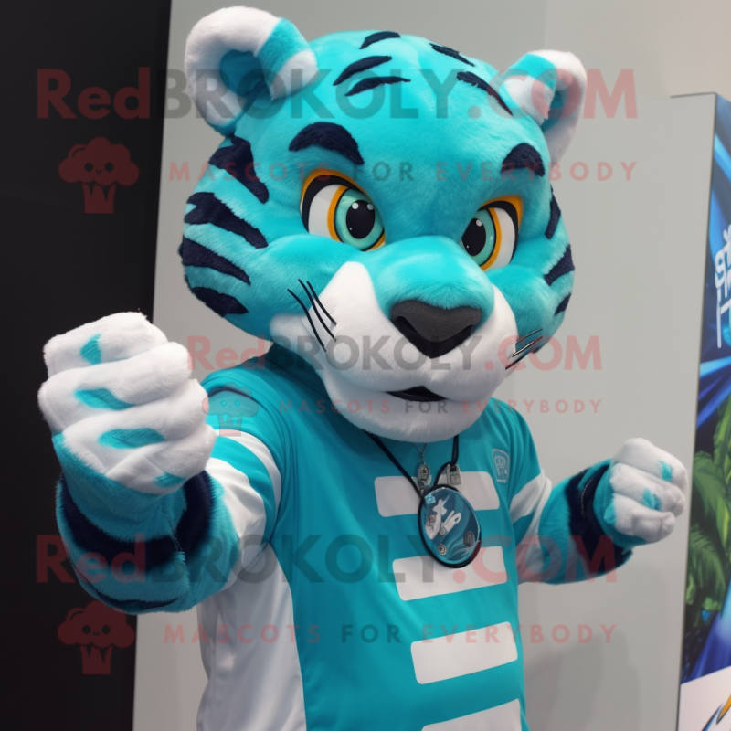 Turquoise Tiger mascot costume character dressed with a Playsuit and Rings