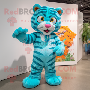 Turquoise Tiger mascot costume character dressed with a Playsuit and Rings
