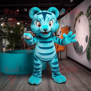 Turquoise Tiger mascot costume character dressed with a Playsuit and Rings