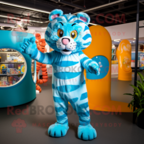 Turquoise Tiger mascot costume character dressed with a Playsuit and Rings