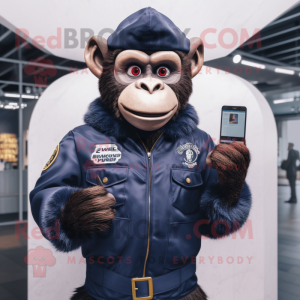 Navy Chimpanzee mascot costume character dressed with a Moto Jacket and Smartwatches