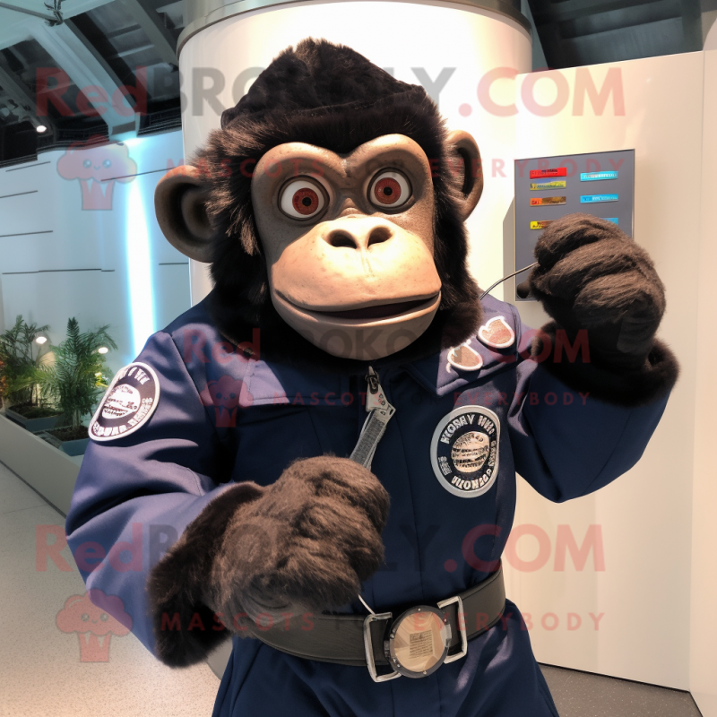 Navy Chimpanzee mascot costume character dressed with a Moto Jacket and Smartwatches