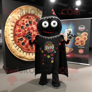 Black Pizza mascot costume character dressed with a Graphic Tee and Shawl pins