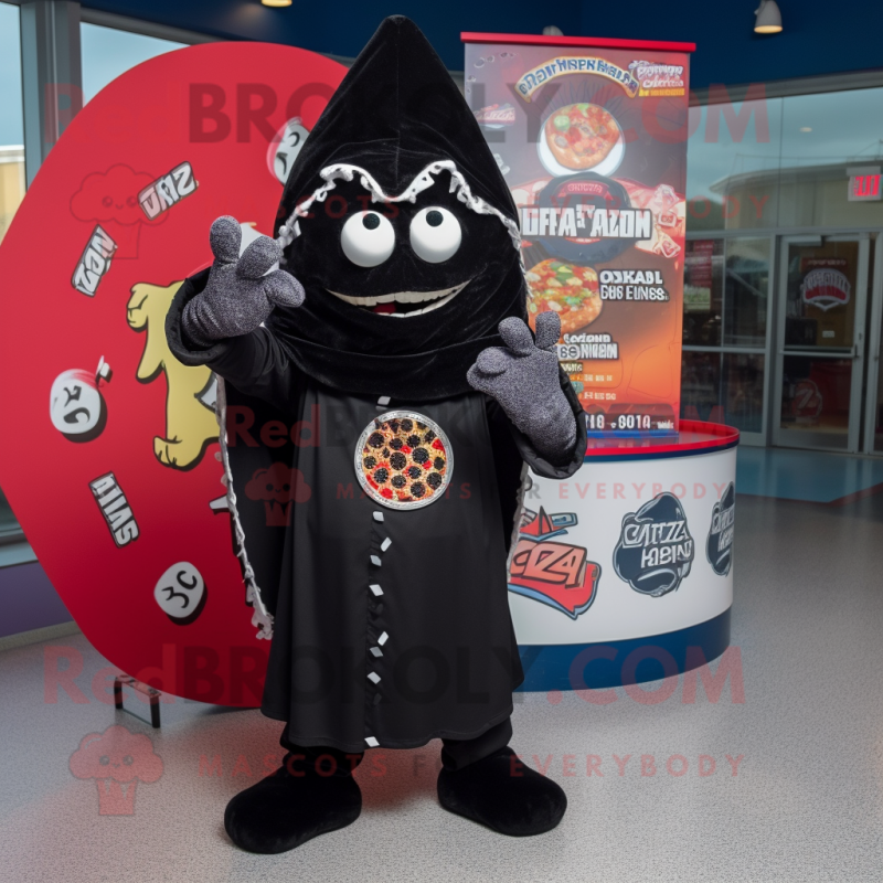 Black Pizza mascot costume character dressed with a Graphic Tee and Shawl pins