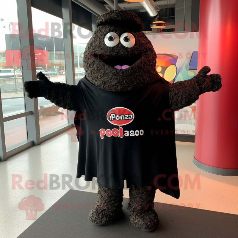 Black Pizza mascot costume character dressed with a Graphic Tee and Shawl pins