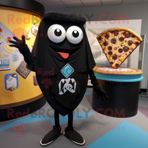 Black Pizza mascot costume character dressed with a Graphic Tee and Shawl pins