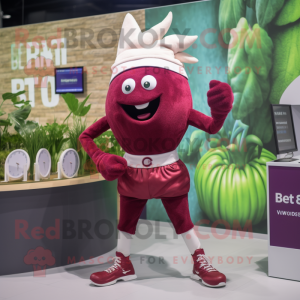 Maroon Beet mascot costume character dressed with a Playsuit and Digital watches