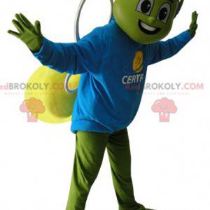 Mascote inseto verde e amarelo com capacete azul -