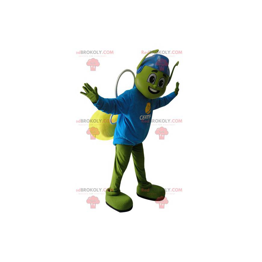 Mascote inseto verde e amarelo com capacete azul -