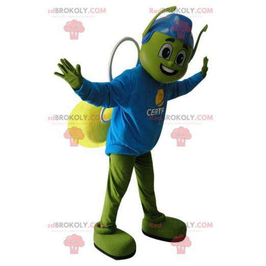 Mascote inseto verde e amarelo com capacete azul -