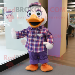 Purple Geese mascot costume character dressed with a Button-Up Shirt and Scarves