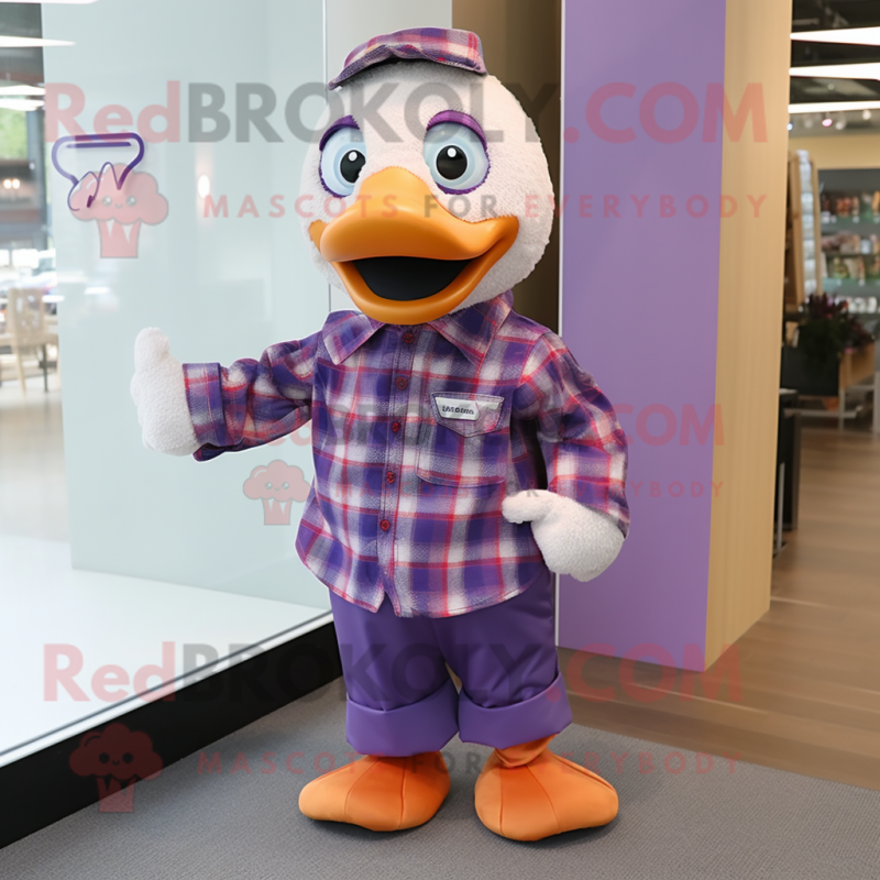 Purple Geese mascot costume character dressed with a Button-Up Shirt and Scarves Purple Geese mascot costume character dressed with a Button-Up Shirt and Scarves
