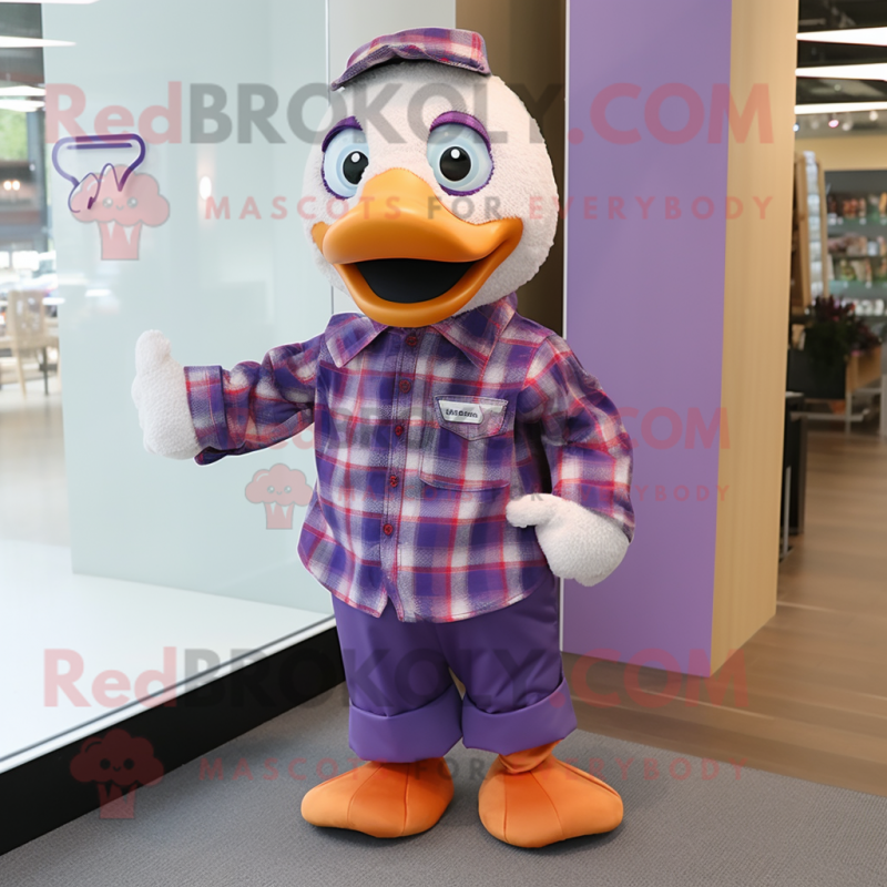 Purple Geese mascot costume character dressed with a Button-Up Shirt and Scarves