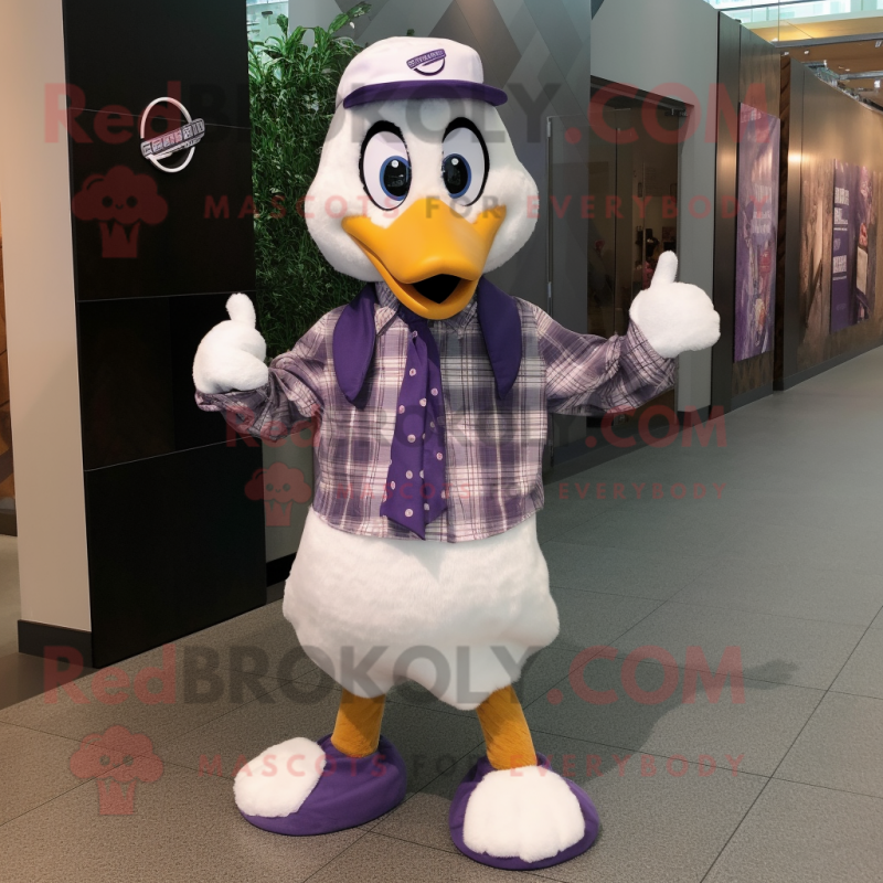 Purple Geese mascot costume character dressed with a Button-Up Shirt and Scarves Purple Geese mascot costume character dressed with a Button-Up Shirt and Scarves