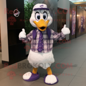 Purple Geese mascot costume character dressed with a Button-Up Shirt and Scarves