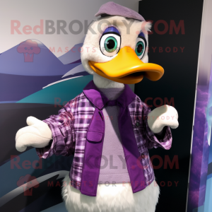 Purple Geese mascot costume character dressed with a Button-Up Shirt and Scarves